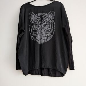 ZARA Oversized Tiger Graphic Long Dolman Sleeve Top Mixed Media Black Medium